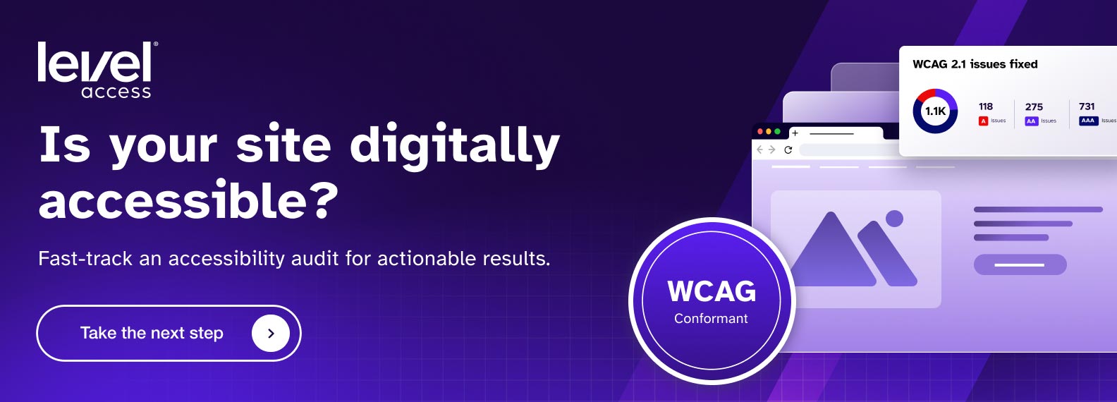 Banner asking 'Is your site digitally accessible?' with WCAG badge and call-to-action for an audit