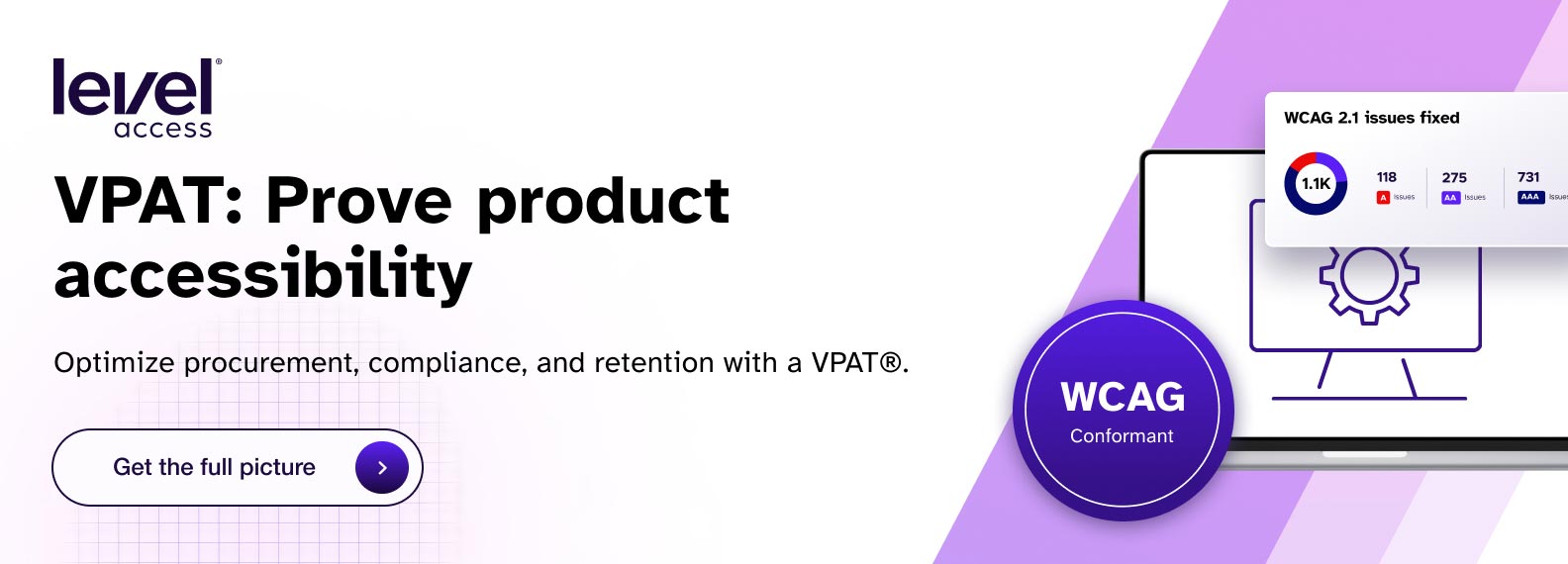 Banner promoting VPAT for proving product accessibility, with WCAG compliance icons and a call-to-action